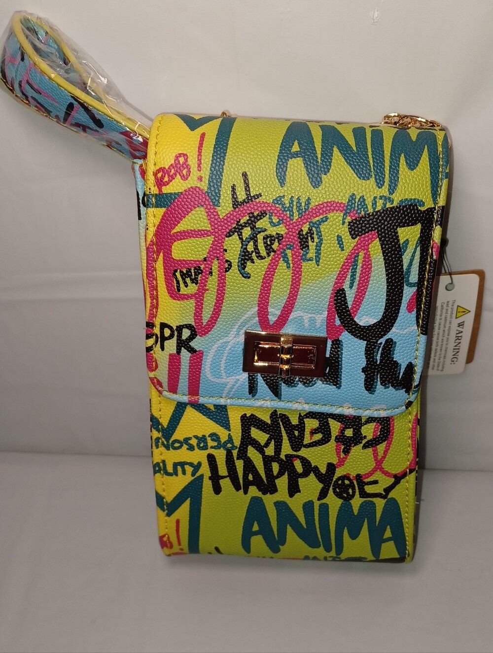 Women’s Graffiti Print Crossbody Phone Bag - Yellow Multi Faux Leather Punk Rock